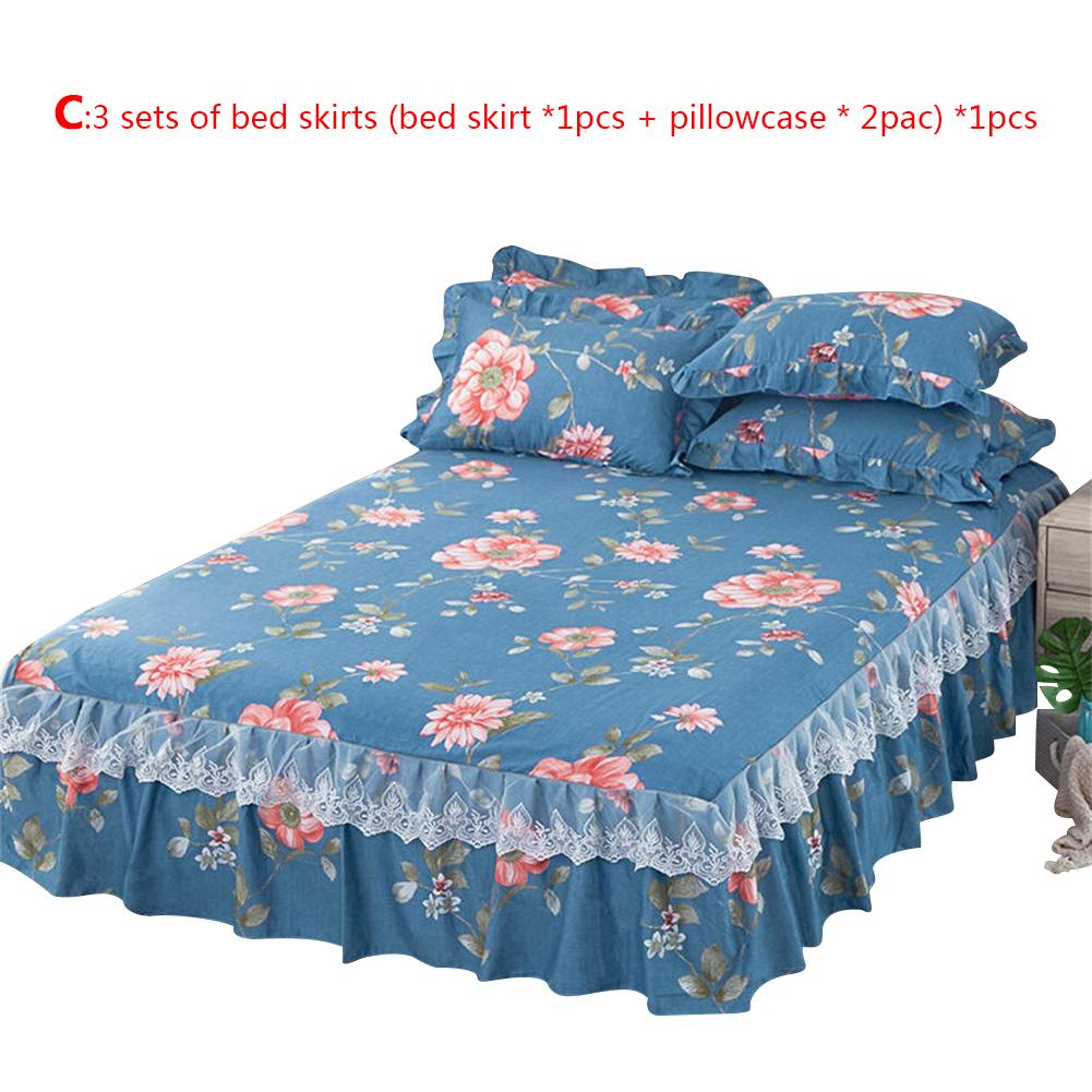 3pcs Floral Fitted Sheet Cover Bed Skirt Solid Bed Cover Sheets Cotton Quilted Lace Bedspread Lace Bed Sheet 150x200cm: C