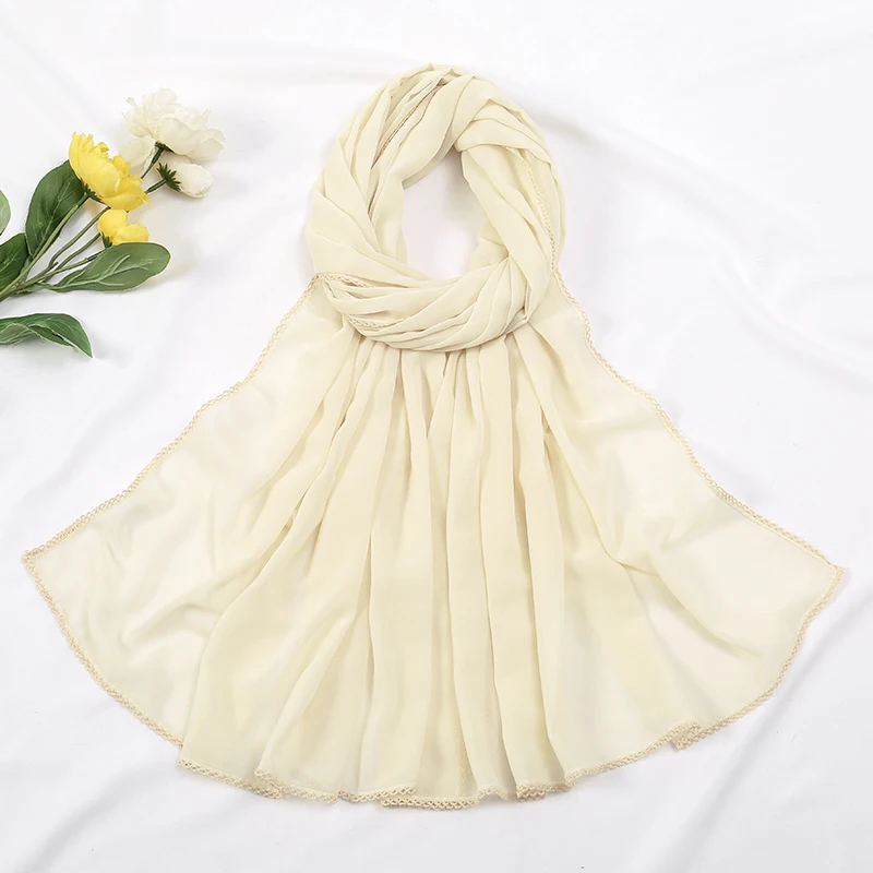 Premium Chiffon Hijab Sjaal Voor Vrouwen Tulband Sluier Kant Stiksel Sjaals Moslim Hijaabs Effen Kleur Vrouw Hoofddoek Sjaal Ramadan: LICHT GEMBER
