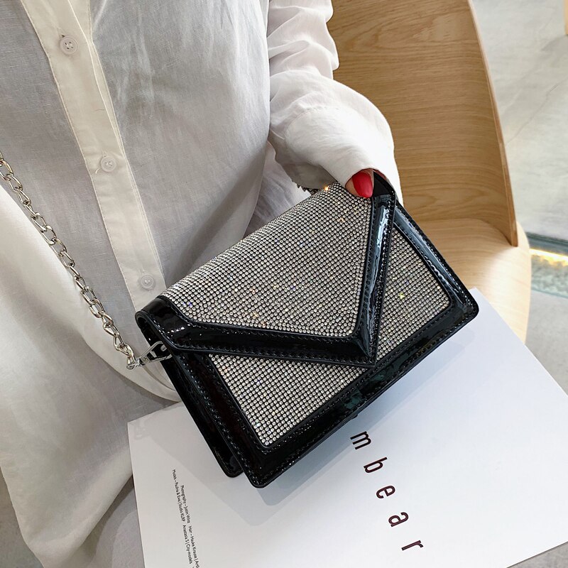 Diamant paillettes rabat carré paquet été nouvelle en cuir PU femmes concepteur sac à main chaîne épaule sacs de messager