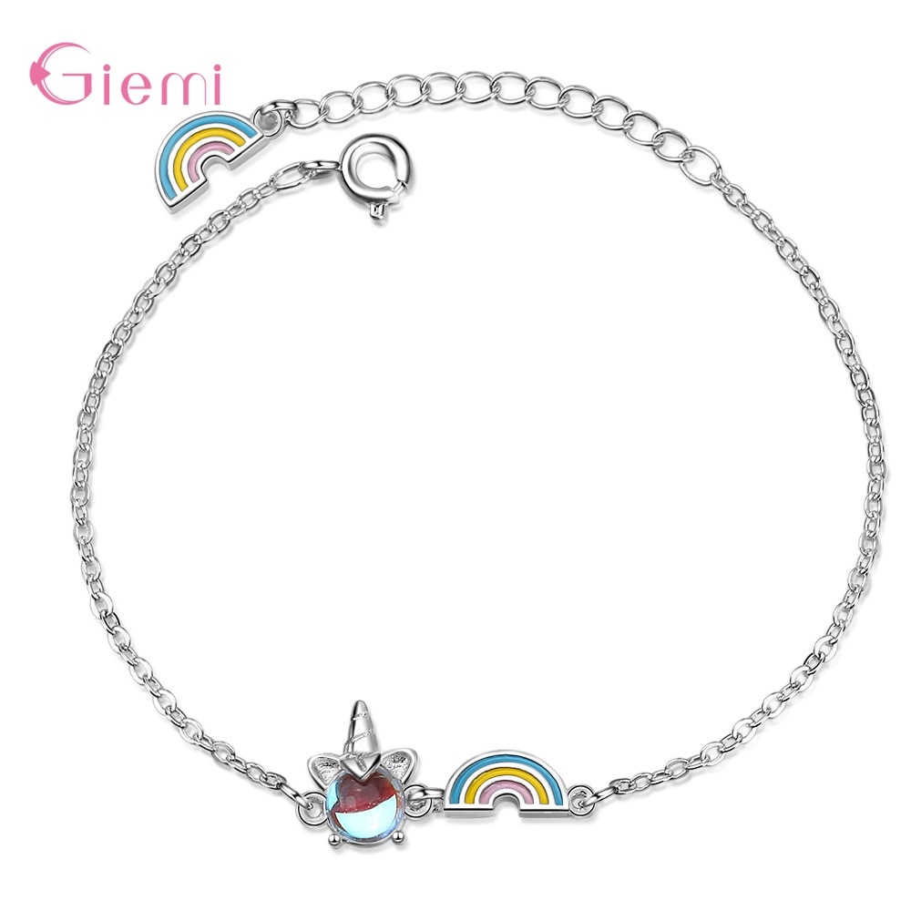 Atacado original 925 prata esterlina moonstone unicórnio colorido arco-íris pingente pulseira para mulheres meninas aniversário presente agradável