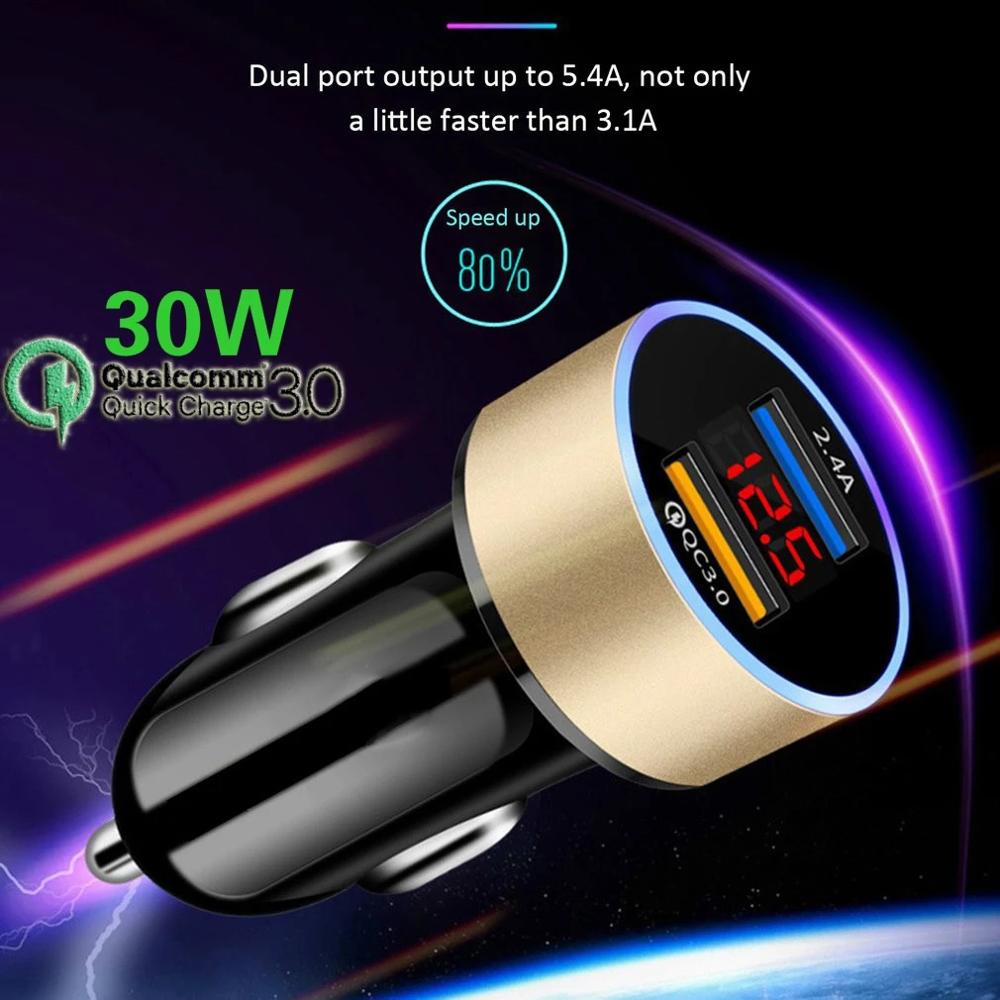 30W LED Display QC 3.0 USB Car Charger Quick Charge 30 Fast Charging Auto Charger Rapid Charging Cable for Huawei Xiaomi Samsung