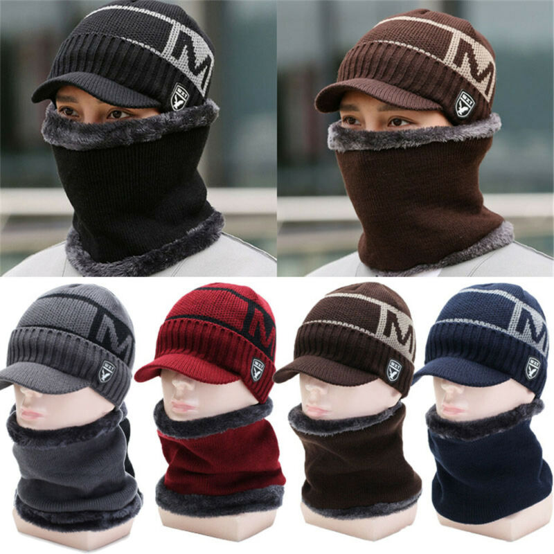 5 färger nyaste unisex herr kvinnor vinter varm mössa halsvärmare hantverk stickat visir mössa fleecefodrad öronlock