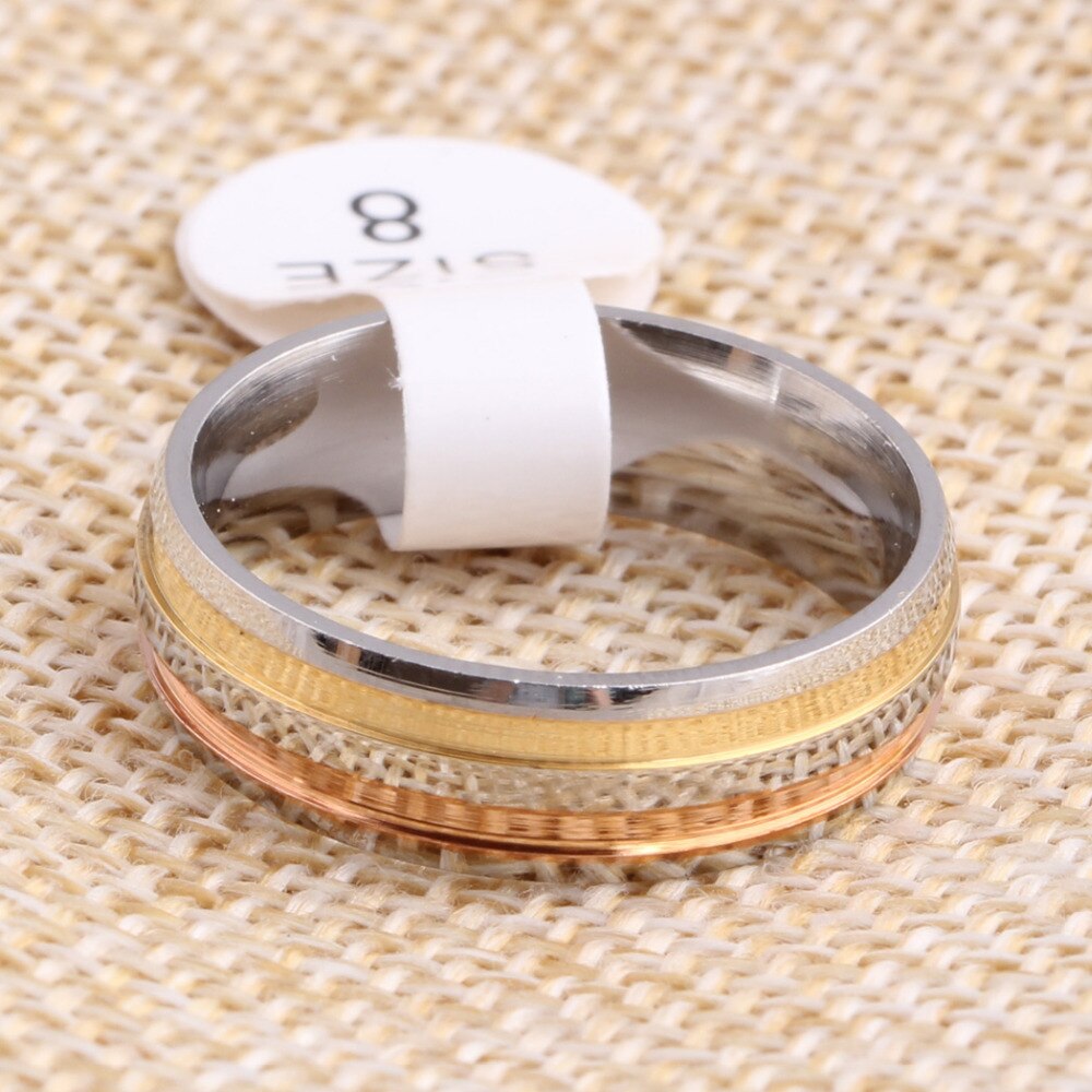 Anillos elegantes de tres colores de tiras, para mujer bandas de boda de 6mm anillo de compromiso joyas con tallas de EUA