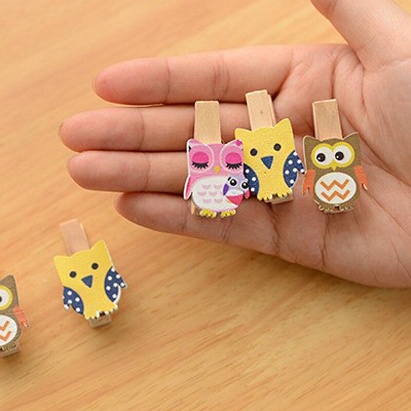 10 stks/partij Leuke Uil Cartoon Houten Clips Kawaii Fotopapier Craft DIY Clip met Helmp Touw FOD