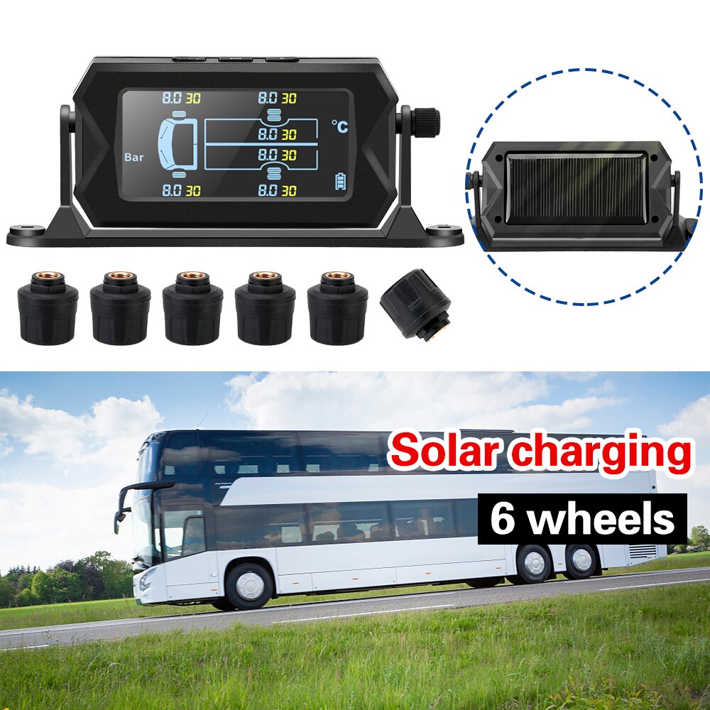 Truck Tpms Met 6 Externe Sensoren Wireless Solar Bandenspanningscontrolesysteem Auto Rv Digitale Lcd Alarm