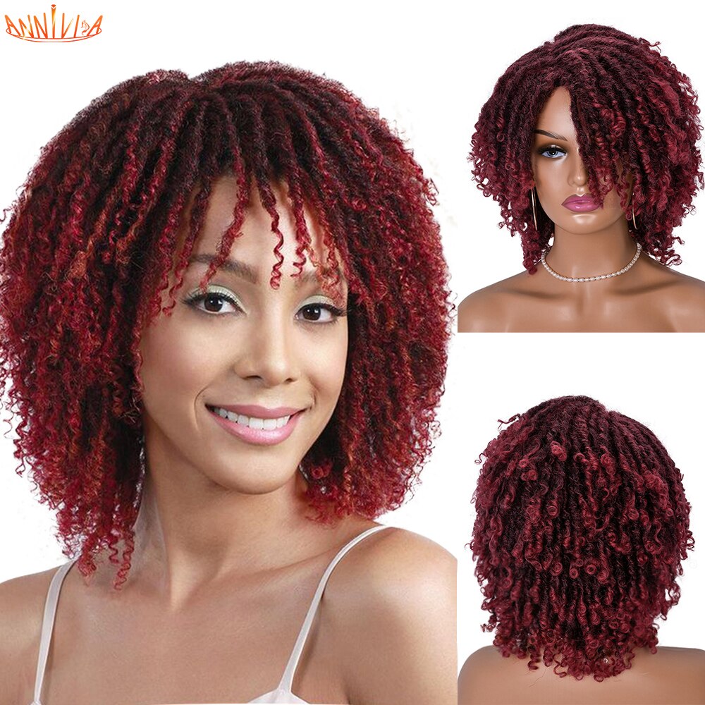 Short Dreadlock Hair Wig Curly Synthetic Soft Faux Locs Wigs With Bangs For Black Women Ombre Crochet Twist Hair Wigs Annivia: 1B-99J