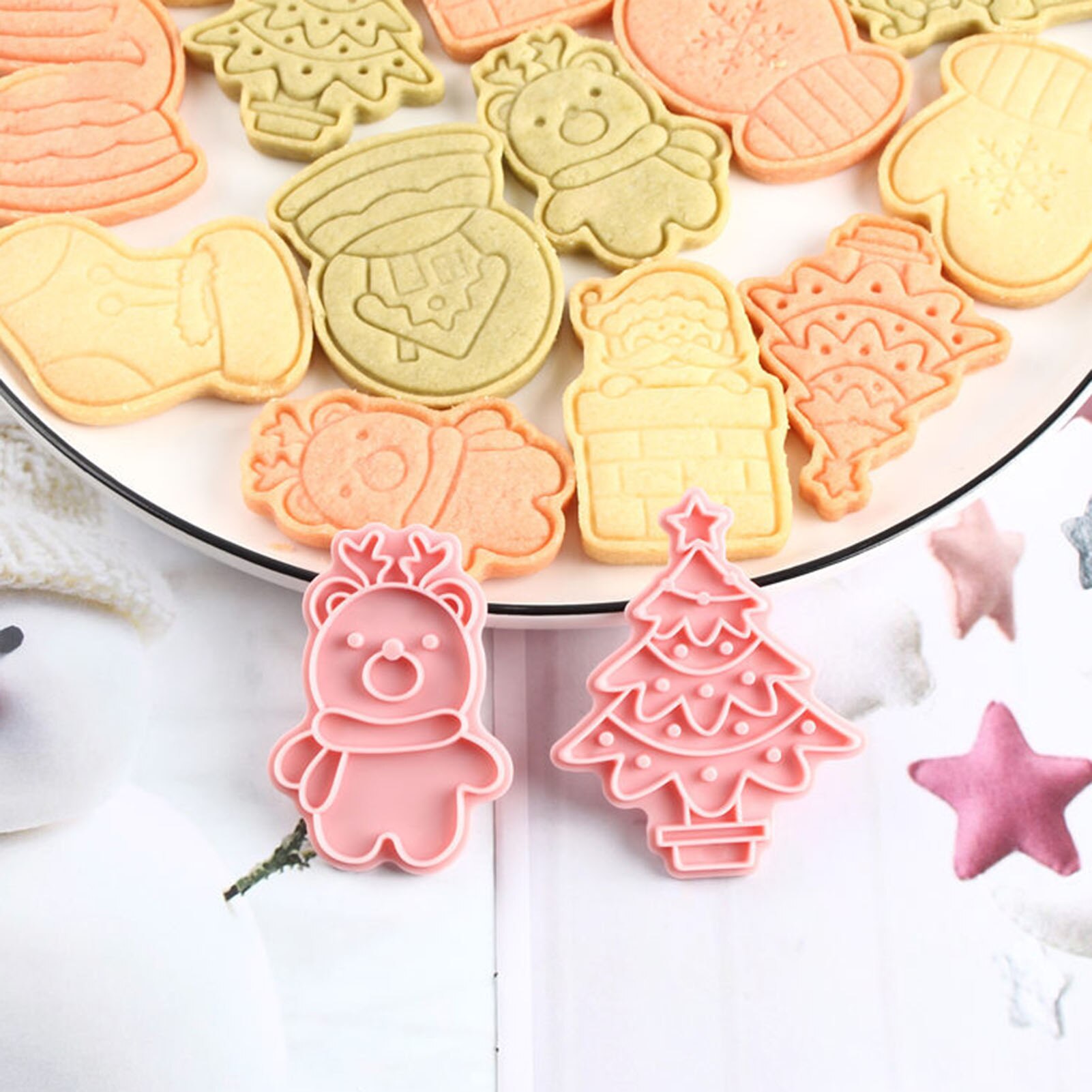 6 stuks koekjesstempel, koekjes diy mal, kerst, 3d koekjes, cake plunger uitstekers, bakvorm, kerstkoekjesvormpjes, kleur willekeurig