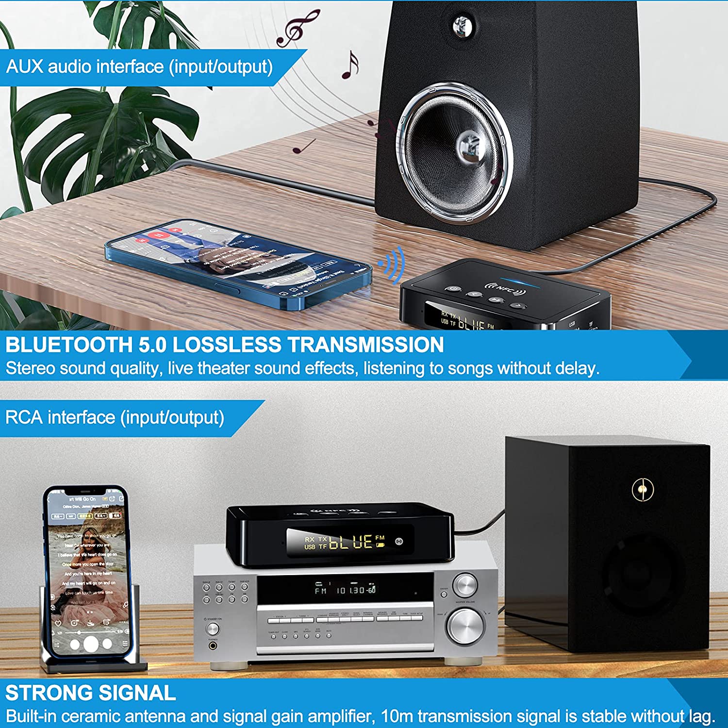 Bluetooth 5.0 lähetin vastaanotin 3 in 1 langaton sovitin 3.5mm aux rca hifi-stereokaiuttimelle/televisiolle/tietokoneelle/tabletille/autolle