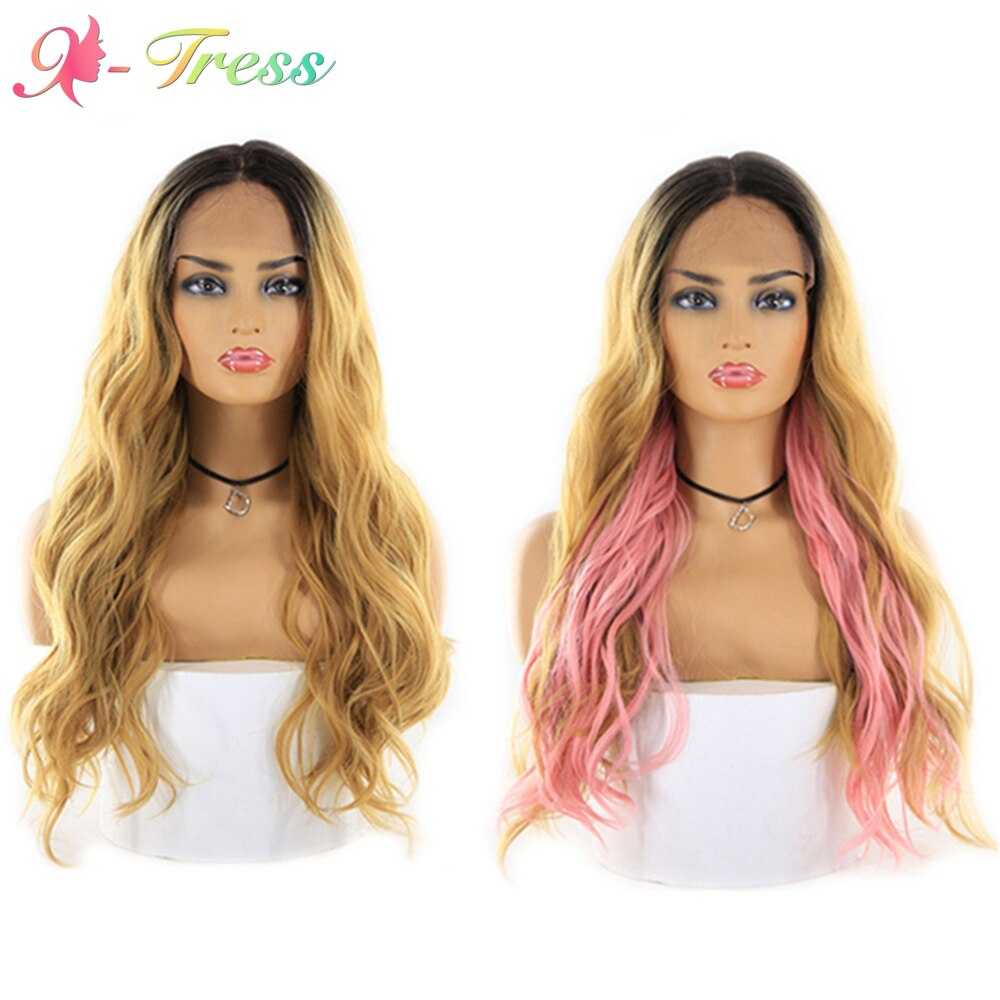 Split Color 2 Part Splice Wig Ombre Brown and Pink Trendy Lace Front Wigs Long Natural Wave Hair X-TRESS Heat Resistant Fibre