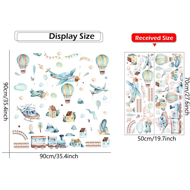 Ręcznie malowane akwarela kreskówka samolot pociąg naklejki ścienne gorący balon dmuchany naklejki dla dzieci pokój dekoracja przedszkola naklejki ścienne