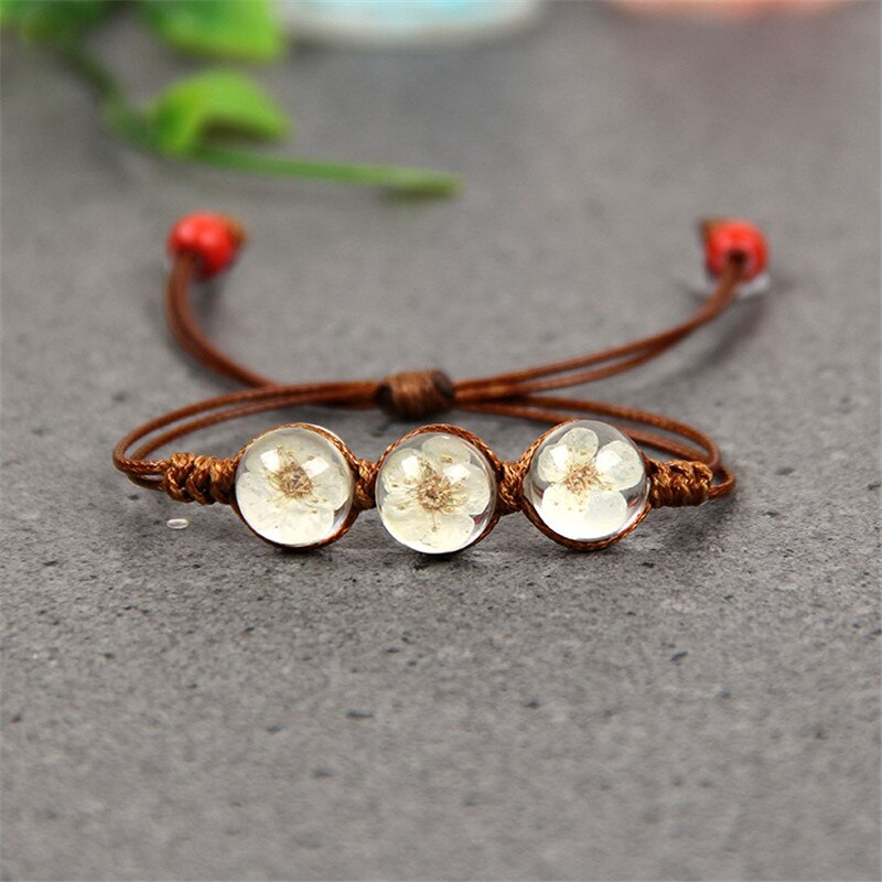 Glass Ball Dried flower Dandelion Bracelets Handmade Woven Dried Flower rope chain adjustable bracelets for Women Girls