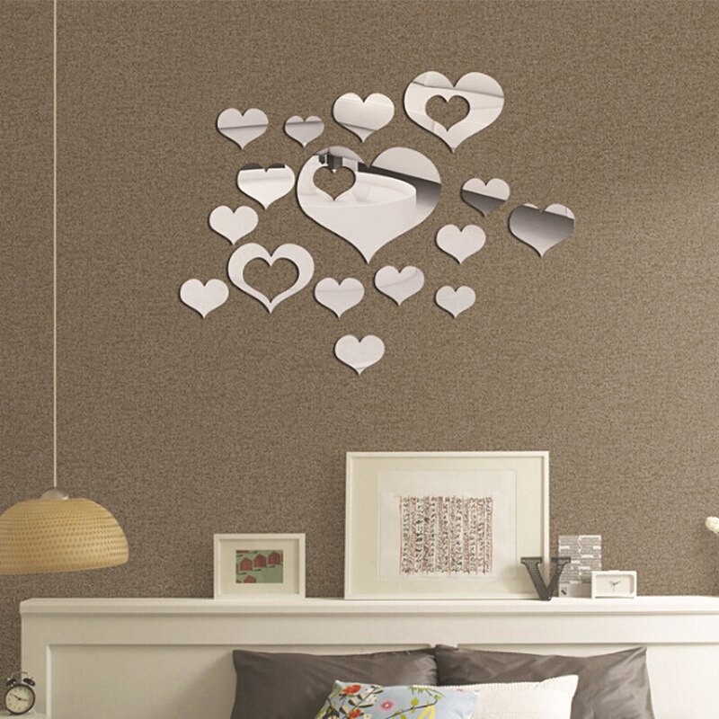 Silver DIY Acrylic Mirror Wall Stickers Love Hearts For Living Room Bedroom Home Decals DIY Acrylic Decoration Wall Stickers