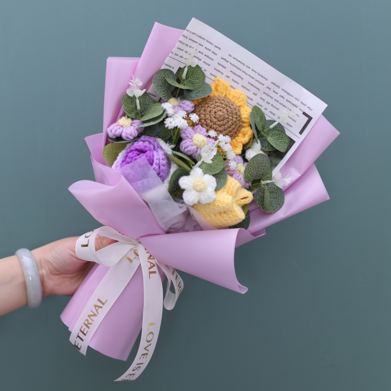 Afgewerkte gebreide bloemen Zonnebloemen gehaakt boeket Creatieve gebreide bloemen Valentijn Moederdag Verjaardag Afstudeercadeaus: Blauw