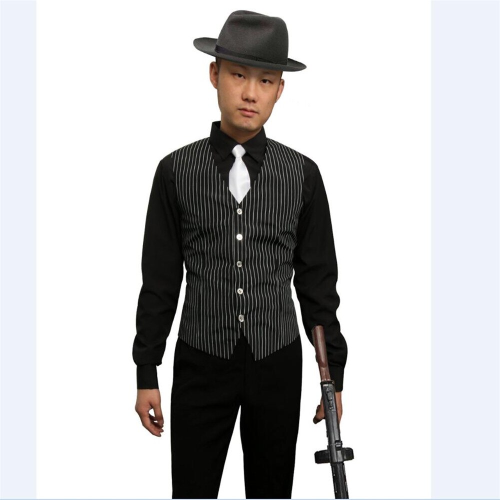 Camiseta de gángster para hombre, chaleco con corbata y cuello de pico, traje de rayas verticales, chaleco ajustado para negocios de boda, primavera