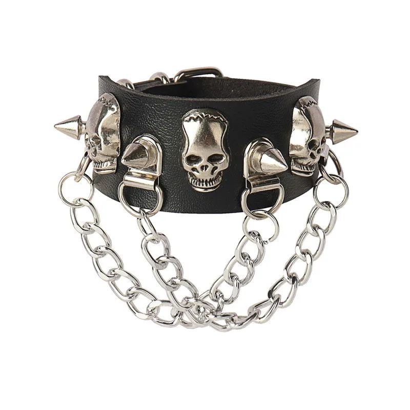 cuadrado redondo de cuero PU gótico esqueleto cráneo Punk remache estrella pulsera cadenas Retro brazalete pulsera joyería de navidad