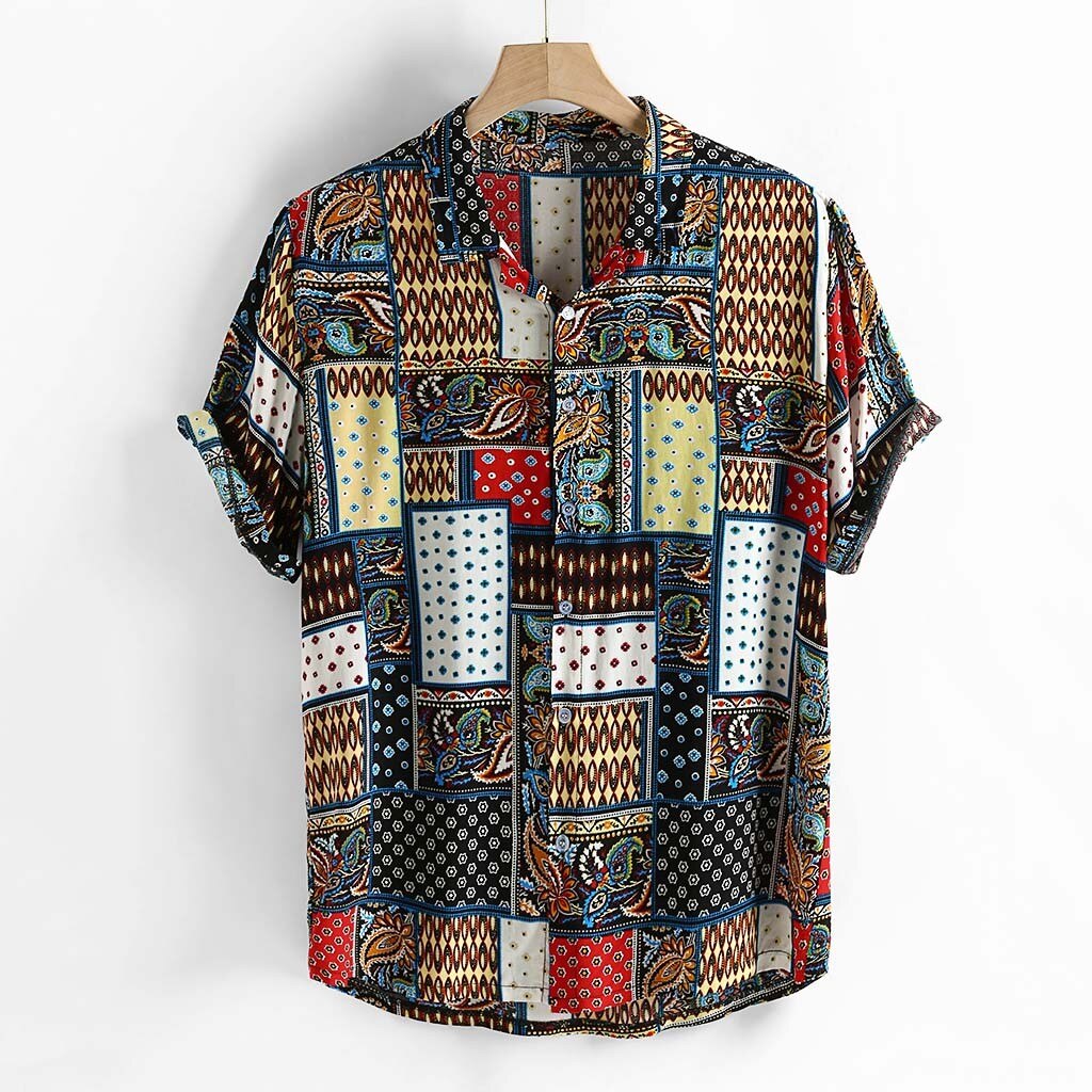 Mens Vintage Ethnic Style Printing Loose Short Sleeve Stand Collar Casual Shirt Daily Wearing Office Big Blouse