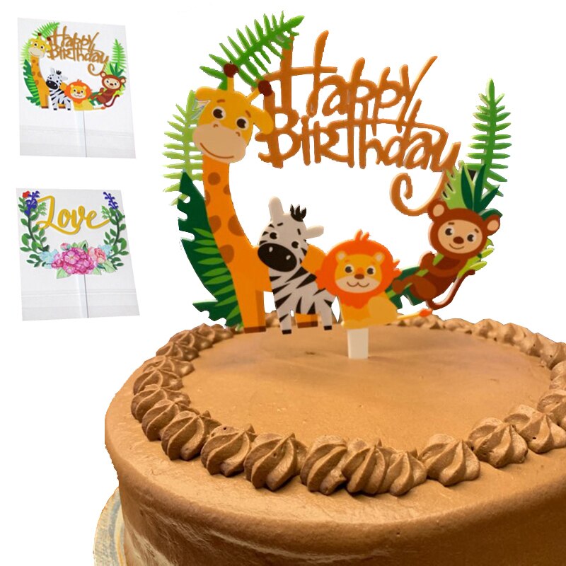 Gelukkige Verjaardag Cake Toppers Leuke Animal Zoo Bos Olifant Leeuw Kid 'S Baby Cake Decoratie Cupcake Desser Decor Bakken Suppies