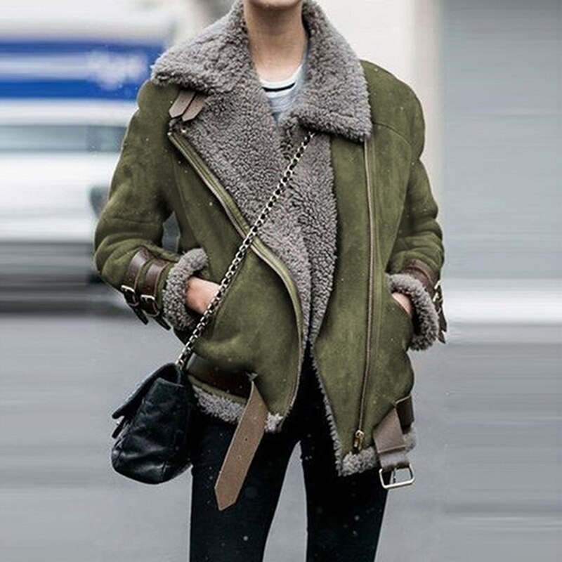 Kvinder jakke kvinder revers spænde cool pilot jakke imiteret lammeuld motorcykel jakker stor størrelse frakke sweatshirt