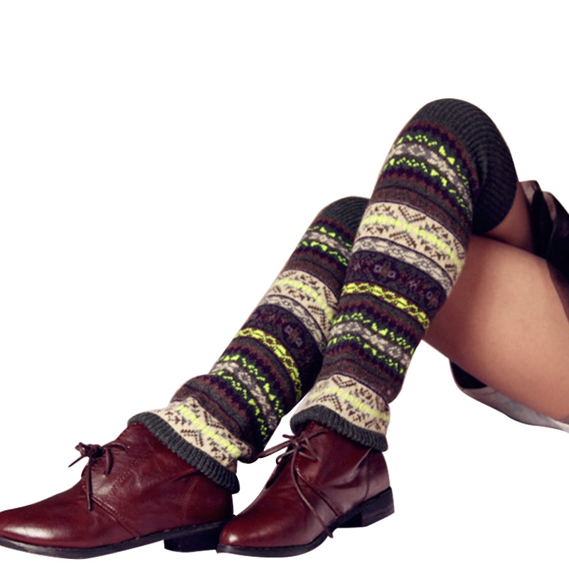 Autumn and Winter Bohemian Thickened Wool Leg Warmers For Women Warm Boots Cover Leg Protector Thermal Knitted Leg Warmers: Green  