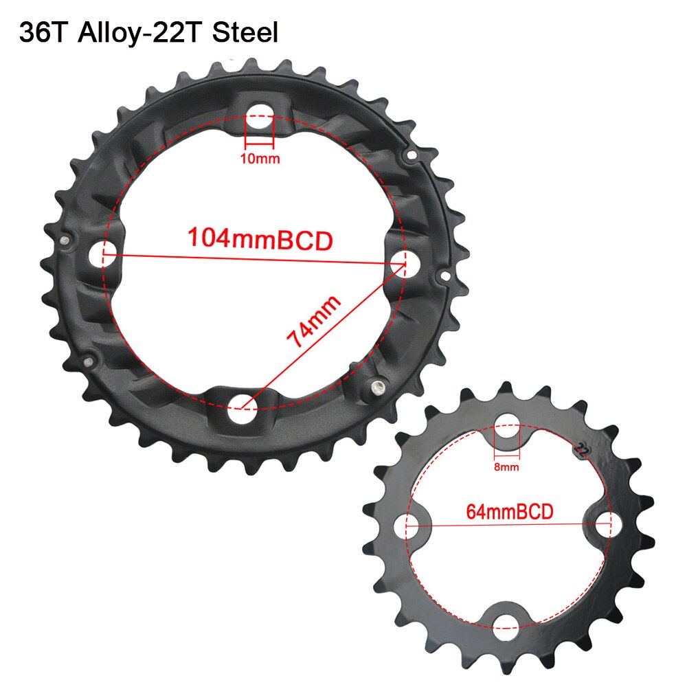 Plateau de pédalier Double 64BCD 104BCD pour vtt, 22, 24, 26, 28, 36, 38 dents: 36T alloy-22T Steel