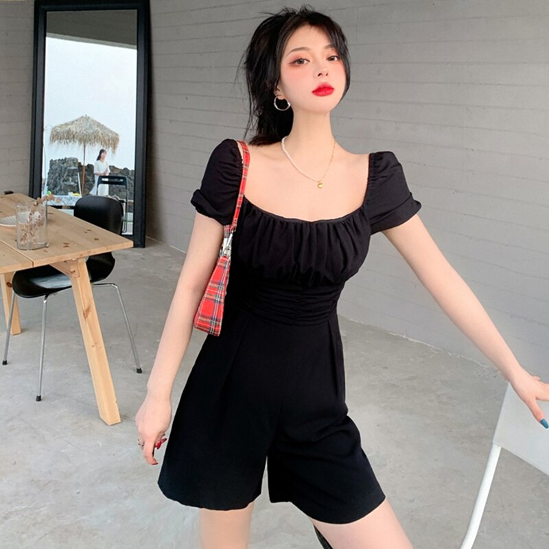 Mono plisado de verano para mujer, manga abombada corta, pantalones cortos de pierna ancha de cintura alta, monos con cuello cuadrado, mono sólido W799