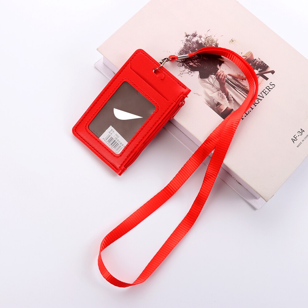 Faux Leather ID Badge Card Holder Zipper Card Cover Bag Coin Purse Business Card Case with Neck Lanyard: 7