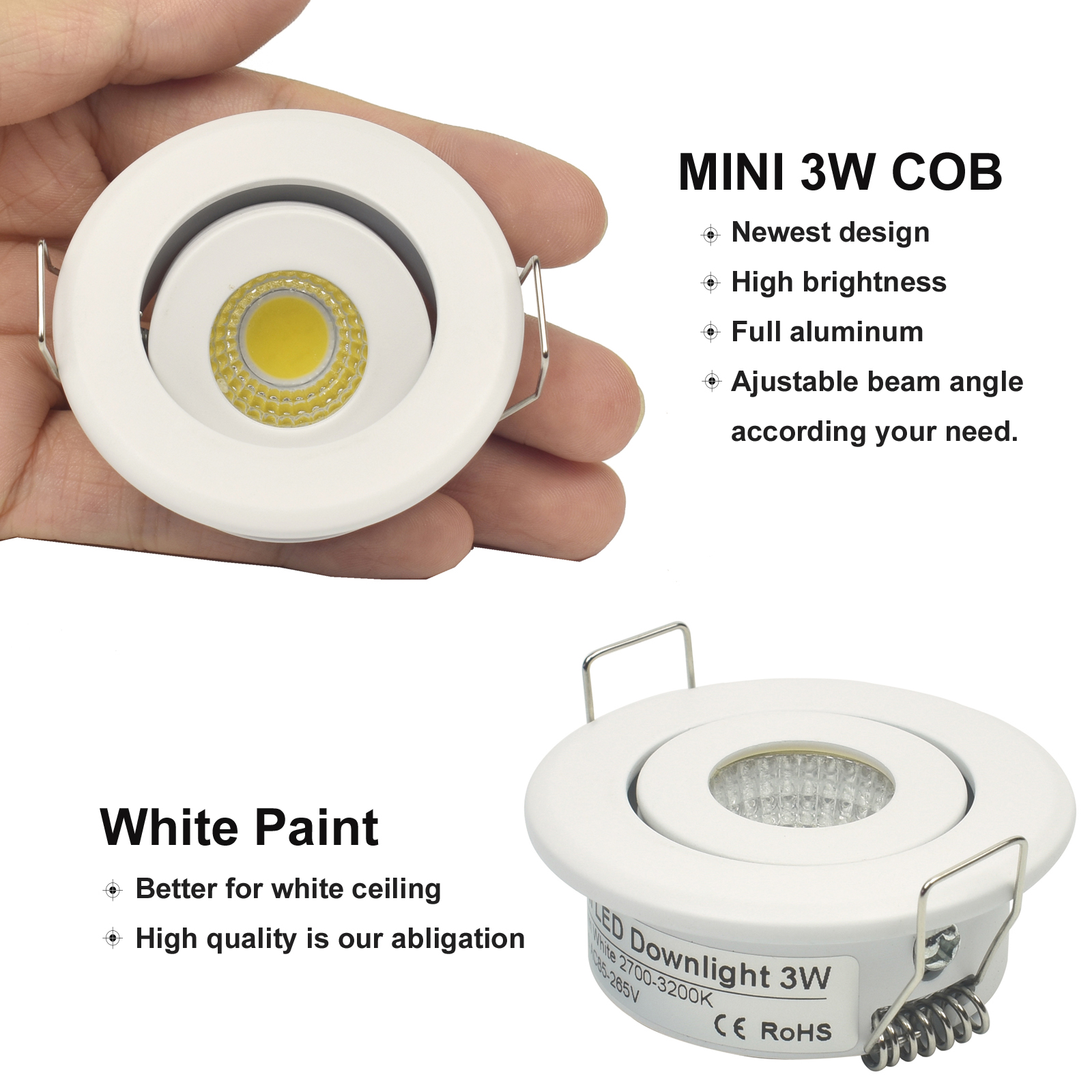 10pcs 1W 3W LED Recessed Down light Spot Ceiling Light Small Size Cut 40-45mm White Silver White Finish Full Aluminum