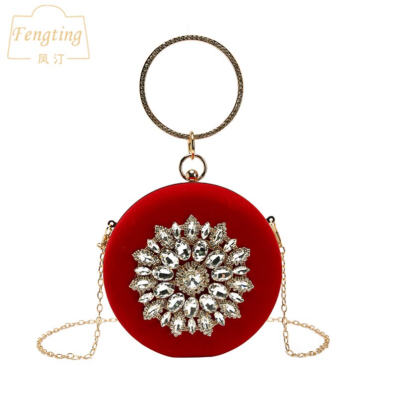 Rød clutch pung kvinder rund aftentaske krystal diamant bryllup pung håndtaske udsøgt kæde skuldertasker ftb 141: Rød