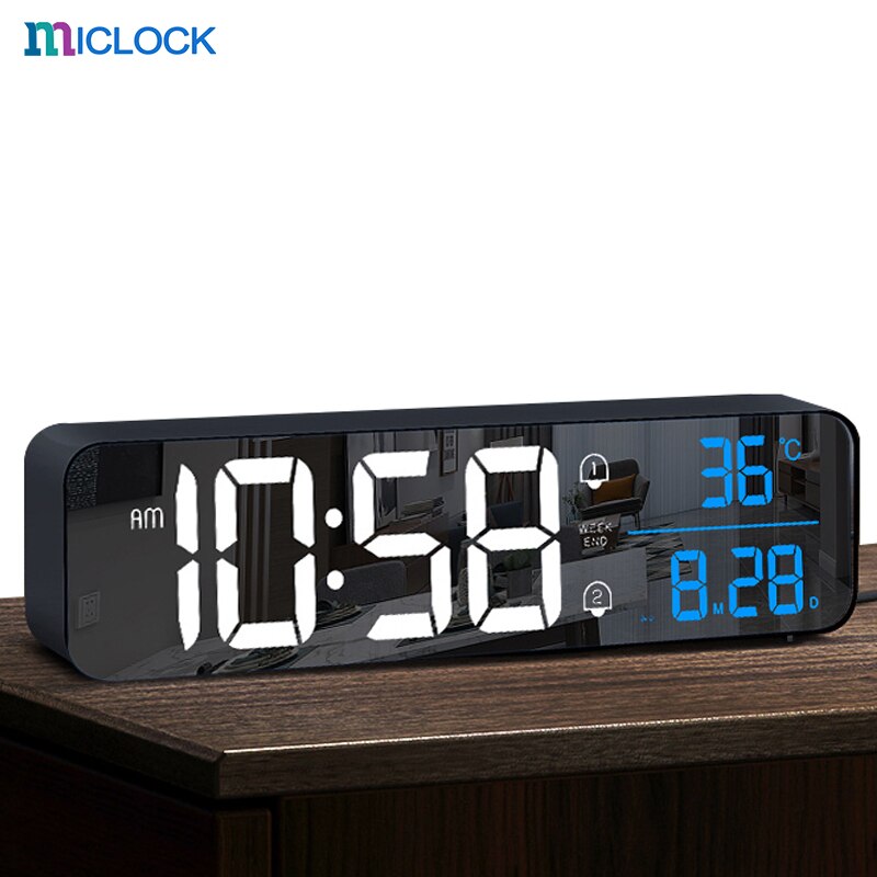 MICLOCK Wireless 10.4 inch Alarm Clock Rechargeable Large LED Wall Digital Clocks 40 Ringtones Sound-Activated Date Temp Display