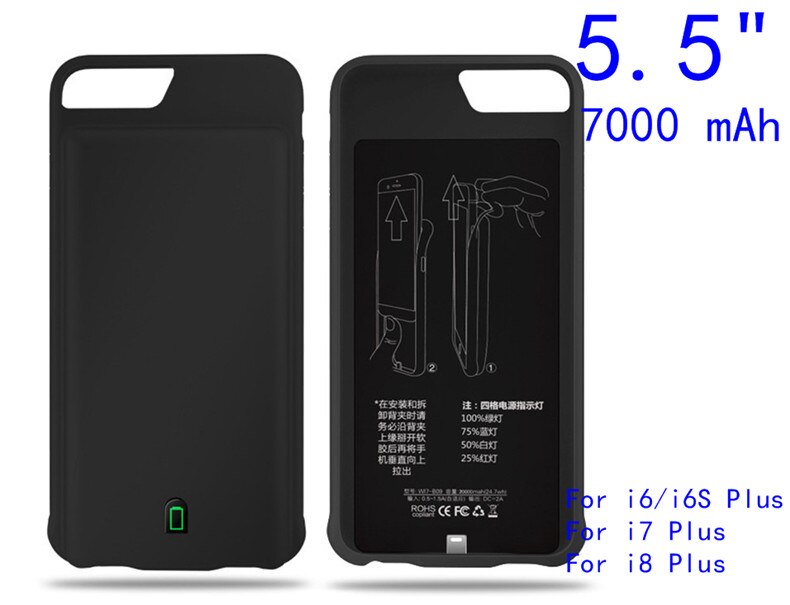 7000 mAh Carregador de Bateria Case Para iPhone à prova de choque 7 8 6 6 S Plus Caso Charing Bateria Banco de Alimentação Externa capa de Silicone de Volta: I7P-Black