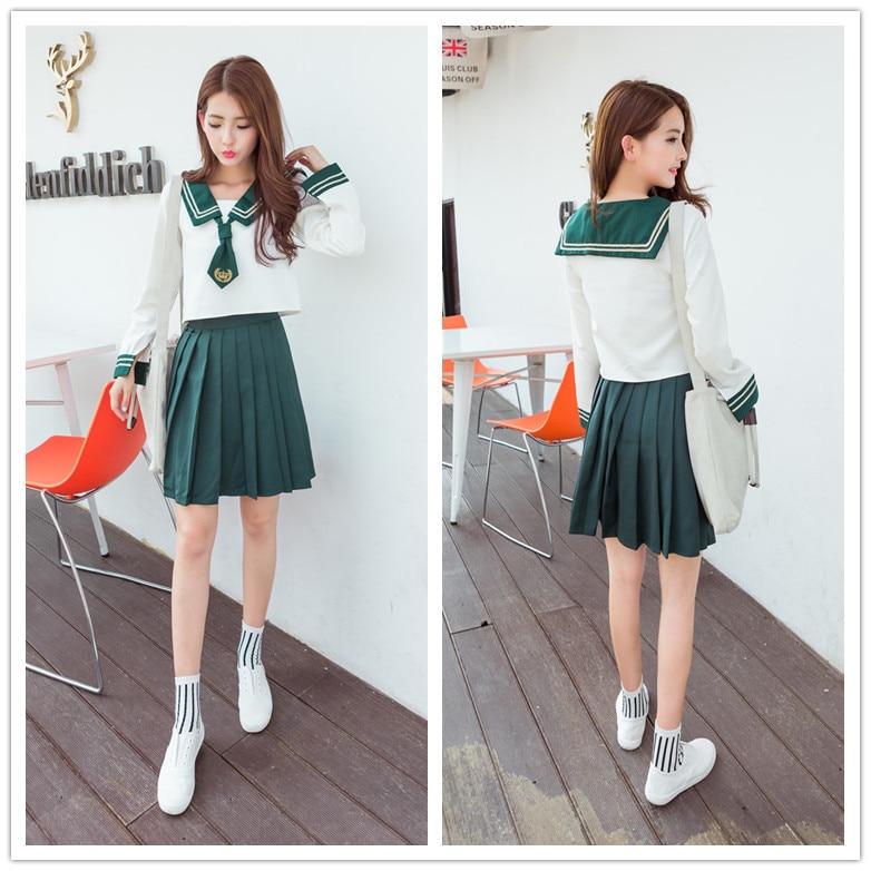 Britse schooluniform, student met lange mouwen, universiteitskleding, japanse matrozenkleding, klasmeisje, studente met groene kraag, d-0196