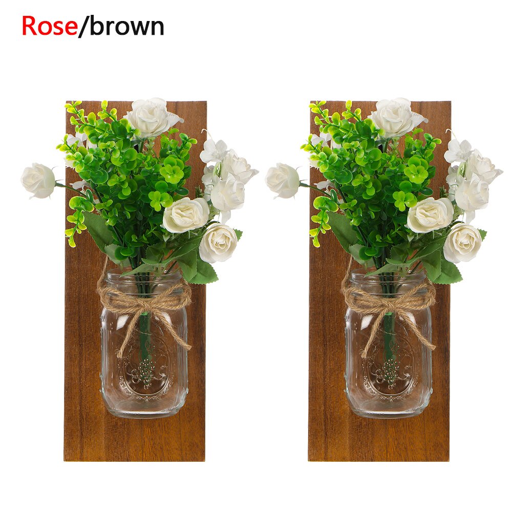 Tira de luces LED de pared con Control remoto para colgar en el hogar, apliques de luz con flores artificiales de tarro de albañil, decoración para el hogar, 2 uds.: Rose Brown