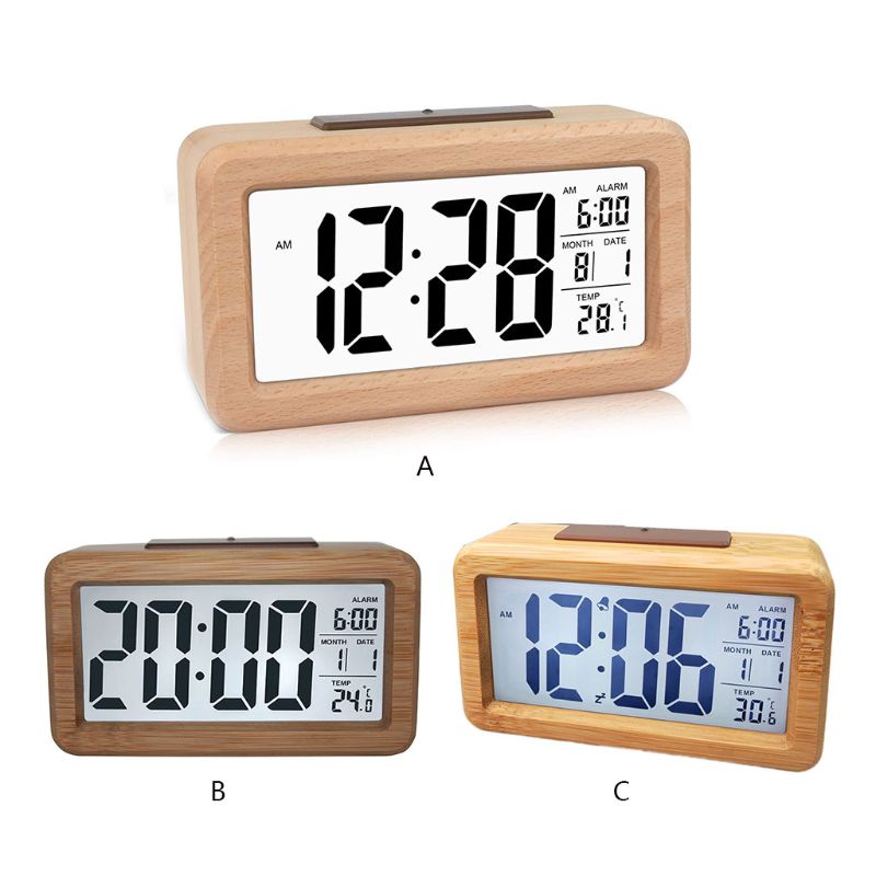 Easy Setting Wooden Digital Alarm Clock with Temperature, Date, Backlight, Snooze Functions for Bedroom Non Ticking