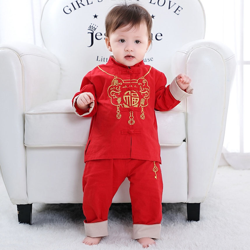 Nyfødt baby drenge tang jakkesæt traditionelle kinesiske kostumer år forår festival broderi velsignelse tøj sæt pige hanfu