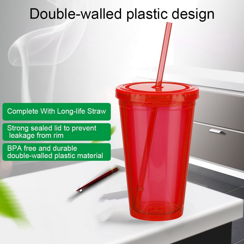 Resmugg med halm återanvändbar smoothie plast iskärl dubbelväggad iskall dryck kaffe juice te kopp