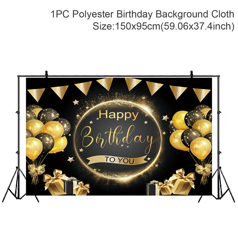 Happy Birthday Backdrop Banner Black Gold Balloon Star Poster Booth Backdrop Birthday photo Background Wall Party Decoration: Backdrop 3