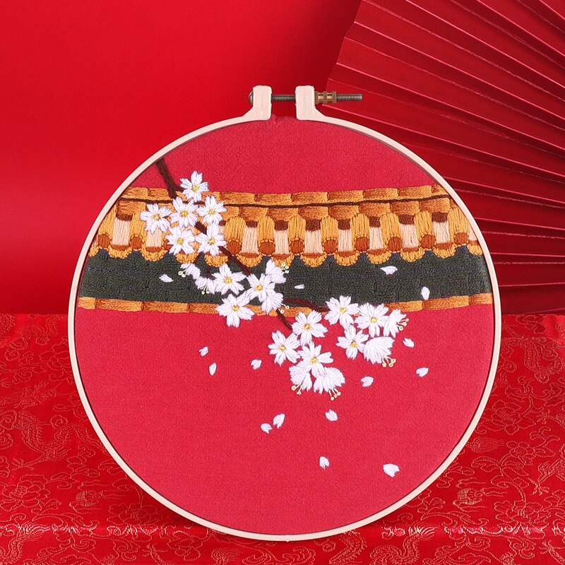Chinese Flower Printed Embroidery kit with Hoop for Beginner Cross Stitch Needlework Swing Art Craft Painting Home Decor