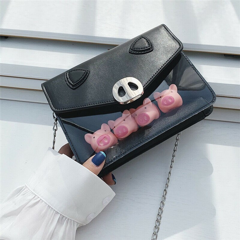 Noenname au gennemsigtig plastik mulepose til kvinder gennemsigtig pu+pvc håndtaske knap pung: Sort