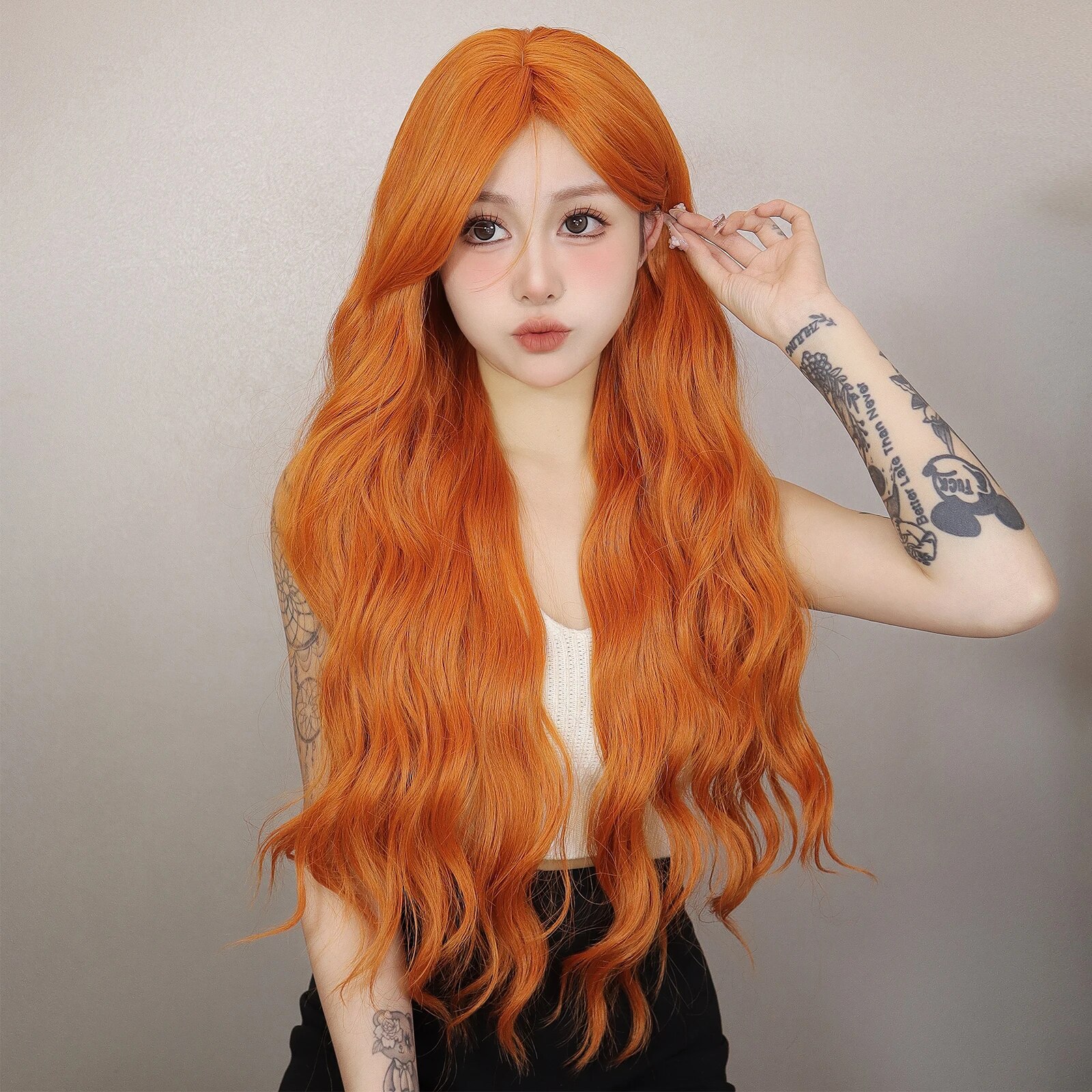 Perruque Synthétique Longue Ondulée Orange pour Femme, Cheveux Naturels Ondulés avec Longue Frange, Perruques de ixCosplay, Degré de Chaleur