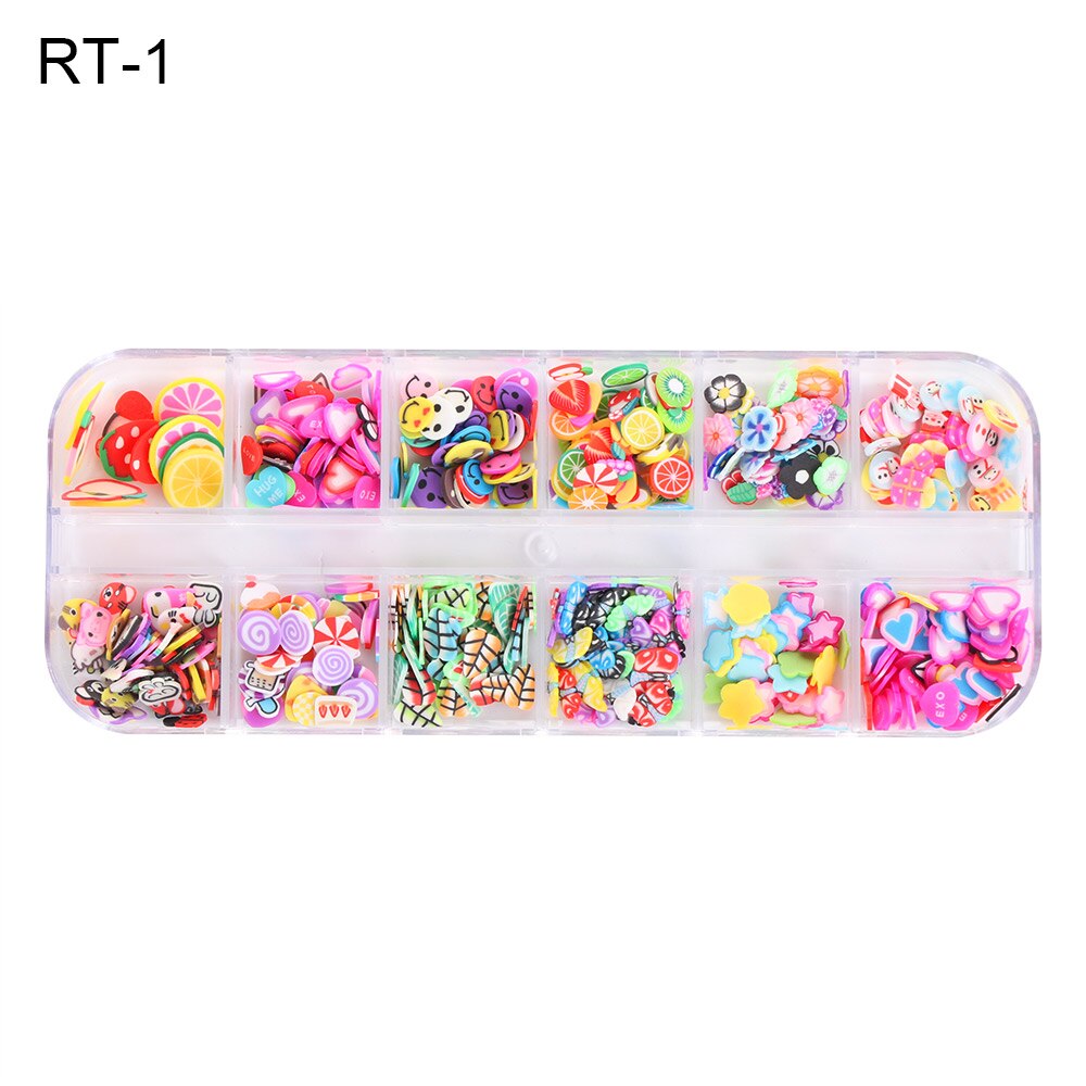 12 Desigs/Box Nail Fruit Plakjes Vlinder Decoratie Decal Paillette Zachte Polymer Klei Tips Cartoon Zomer Pailletten Nail Art acce