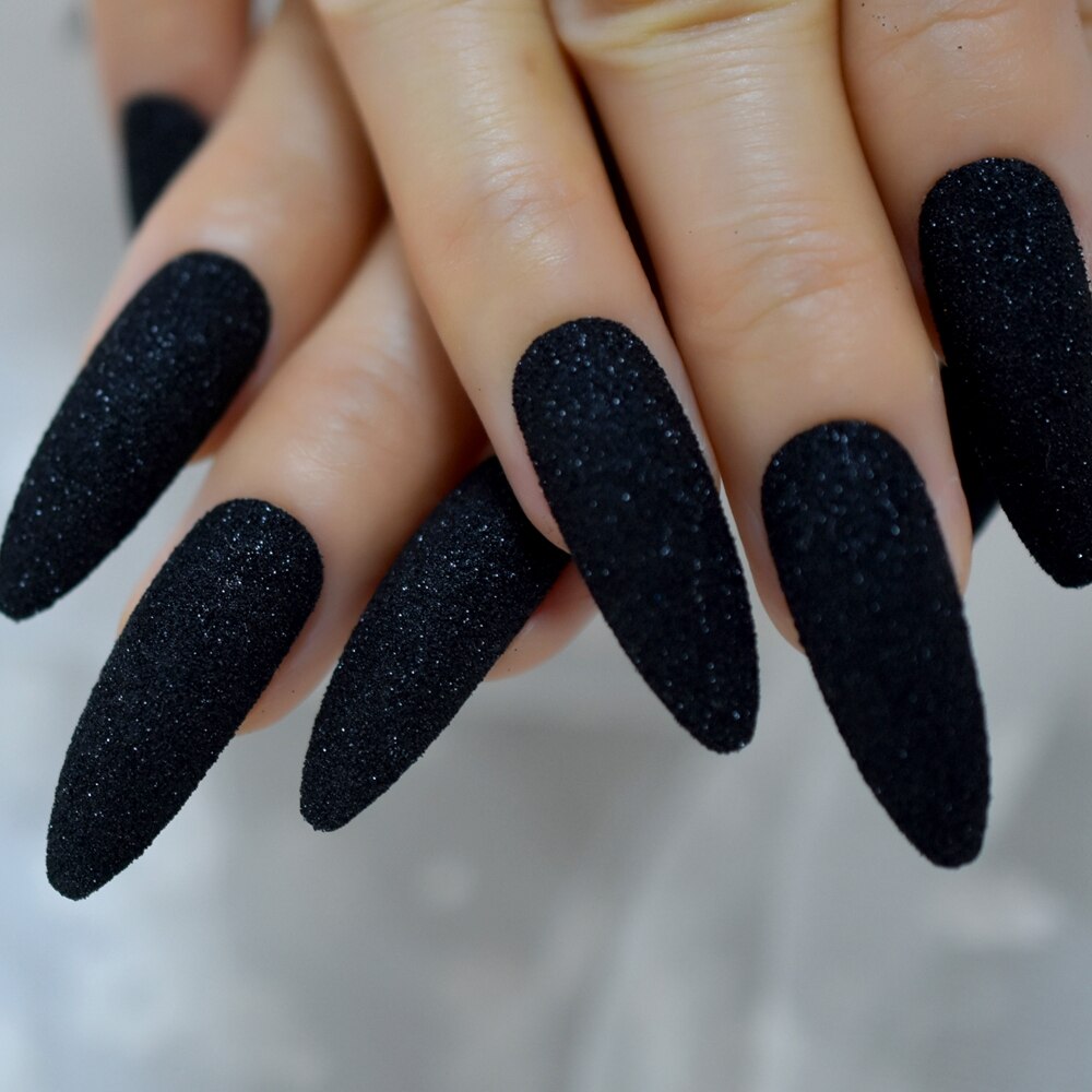Black Glitter Shimmer False Nails Extra Long Pointed Ladies Faux Ongles Party Beautiful Decorated 24