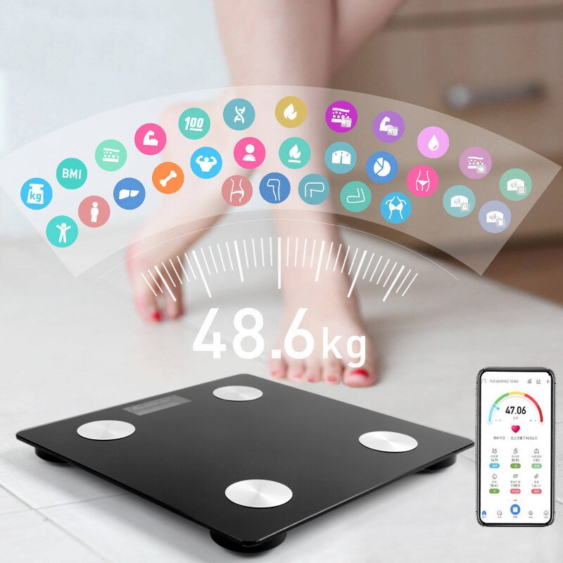 Báscula digital de baño, dispositivo inteligente retroiluminado de medición de grasa corporal, índice de masa muscular y cantidad de agua con Bluetooth