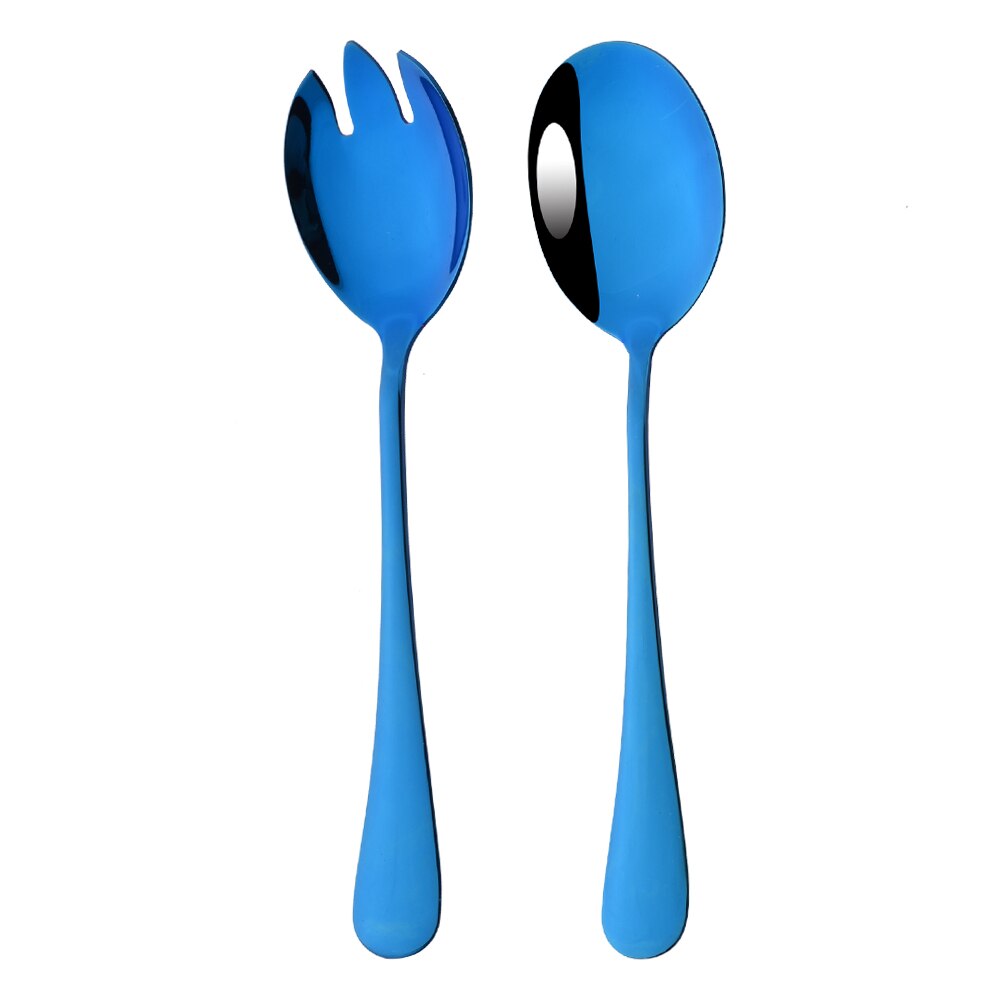 Black 2PCS Salad Spoon Fork Dinnerware Stainless Steel Tableware Cutlery Set Serving Spoon Set Colorful Unique Spoon Flatware: Blue
