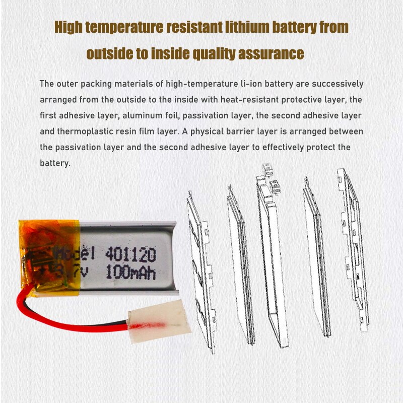 401120 Li-ion Polymer Battery 3.7v 100mah Rechargeable Batteries CE FCC ROHS Certification Safe Power Supply