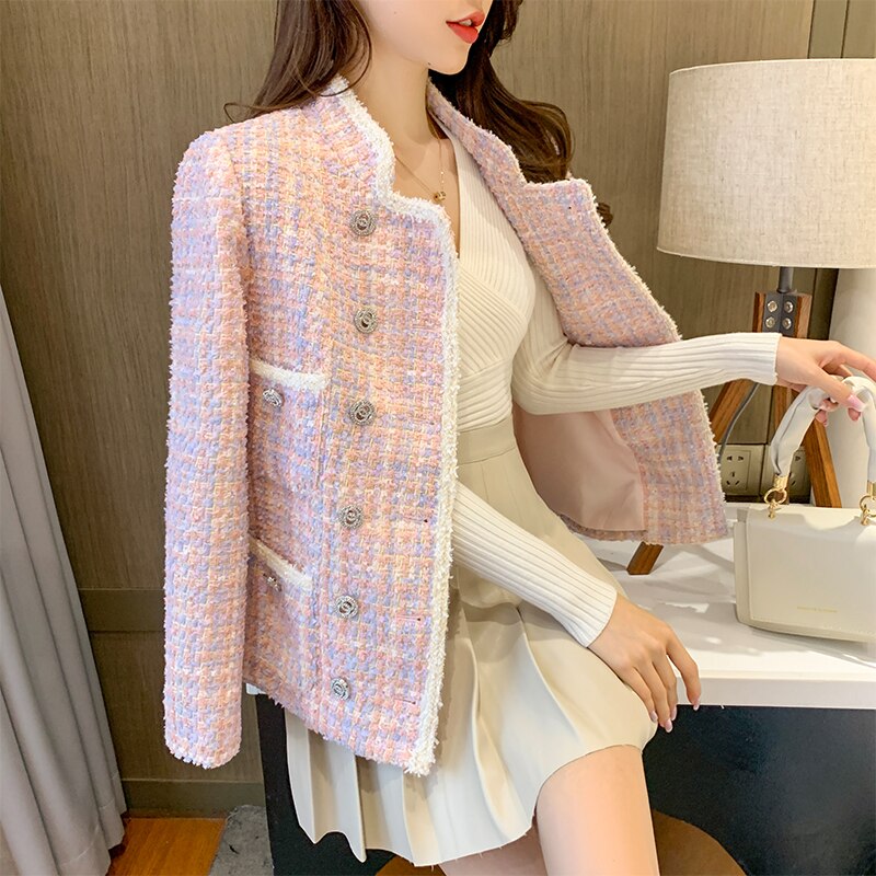 Höst kvinnor står krage pläd gul tweed jacka pärlor dubbelknäppt vintage dam tofsar twill kappa