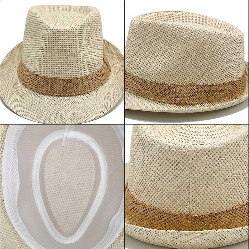 Simple Solid Jazz Hat Men Outdoor Beach Hat Women Straw Hat Woven Stripe Sunshade Hat Casual Buckle Beach Sun Fedoras Panama Cap