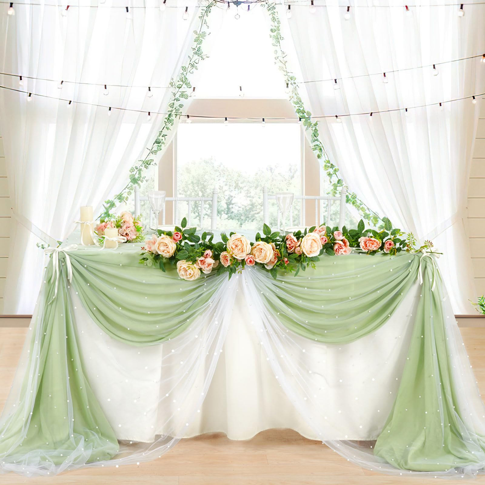 Witte Parel Tafelkleed Bruiloft Tafelloper Decor Tule Stof voor Bruidsdouche Bruiloft Boog Sluier Kant Dessert Tafelkleed