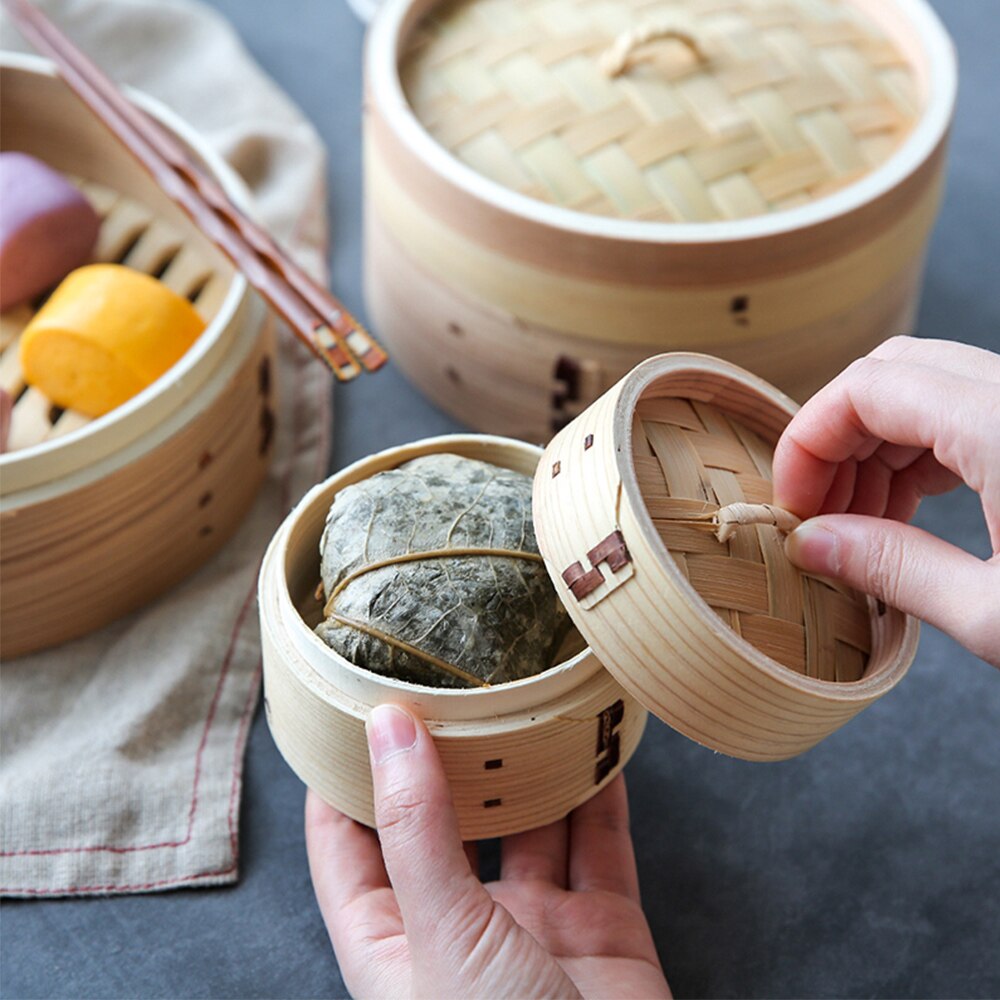 Round Bamboo Steamer For Chinese Food Xiaolongbao Jiaozi Steam Bread Safe Healthy China Style Bamboo Wooded Cooker Steamed Grid