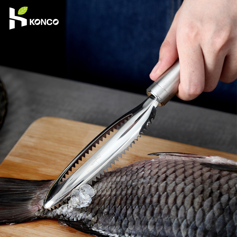 KONCO Stainless Steel Fish Scale Scraper Fish Scaler Brush,Remove Fish Scales with Fish Bone Tweezers Kitchen Gadget