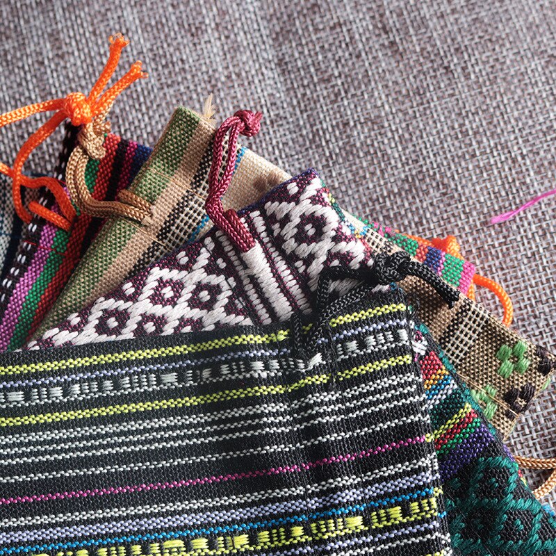 Bolsas étnicas de algodón de 9x13cm, a rayas de colores, embalaje de joyería, bolsa de con cordón, 50 unids/lote, novedad